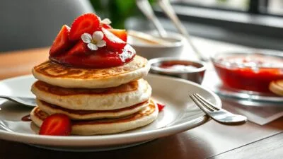 A stack of golden pancakes with fresh fruit and syrup, served on a white plate.