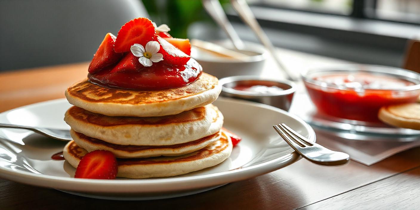 A stack of golden pancakes with fresh fruit and syrup, served on a white plate.