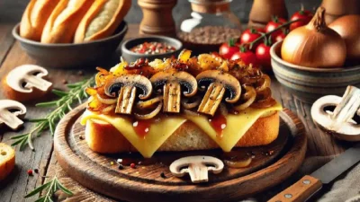 Cheesy Mushroom Burger – A juicy burger topped with mushrooms and melted cheese.