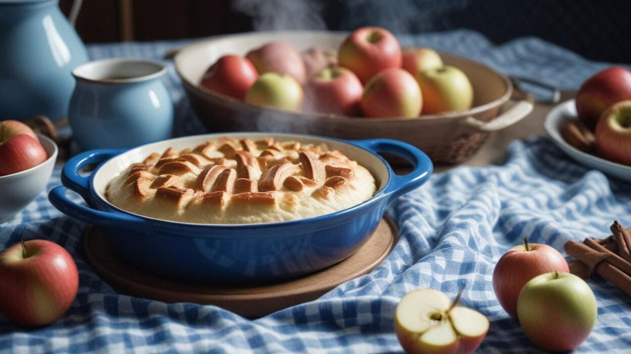 Homemade apple pie in a blue baking dish, with fresh apples in the background. BookOfFoods