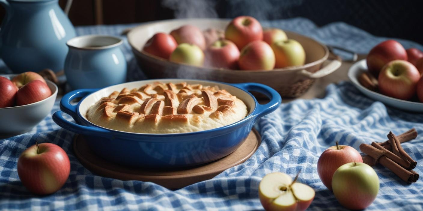 Homemade apple pie in a blue baking dish, with fresh apples in the background. BookOfFoods