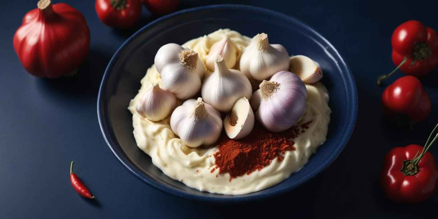 Plate of mashed potatoes topped with whole garlic bulbs and paprika seasoning.