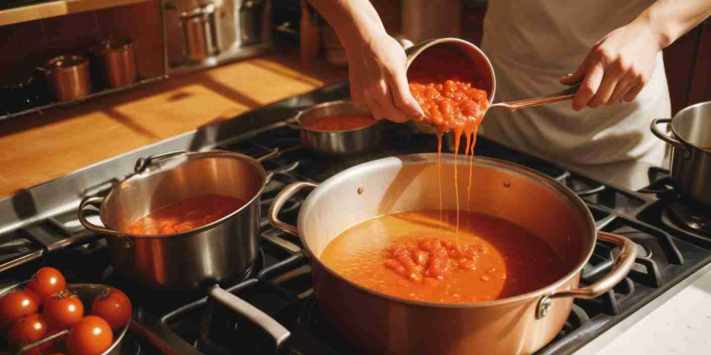 A saucepan of tomato sauce simmering on the stovetop, releasing steam.