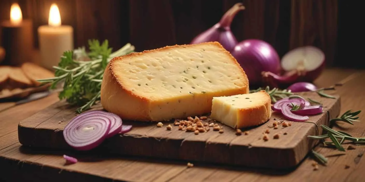 A round block of firm cheese with a golden crust, placed on a cutting board.