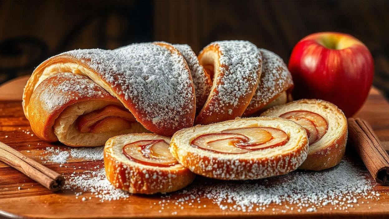 Slices of rolled pastry dusted with powdered sugar, revealing a fruity filling.