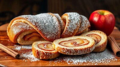 Slices of rolled pastry dusted with powdered sugar, revealing a fruity filling.
