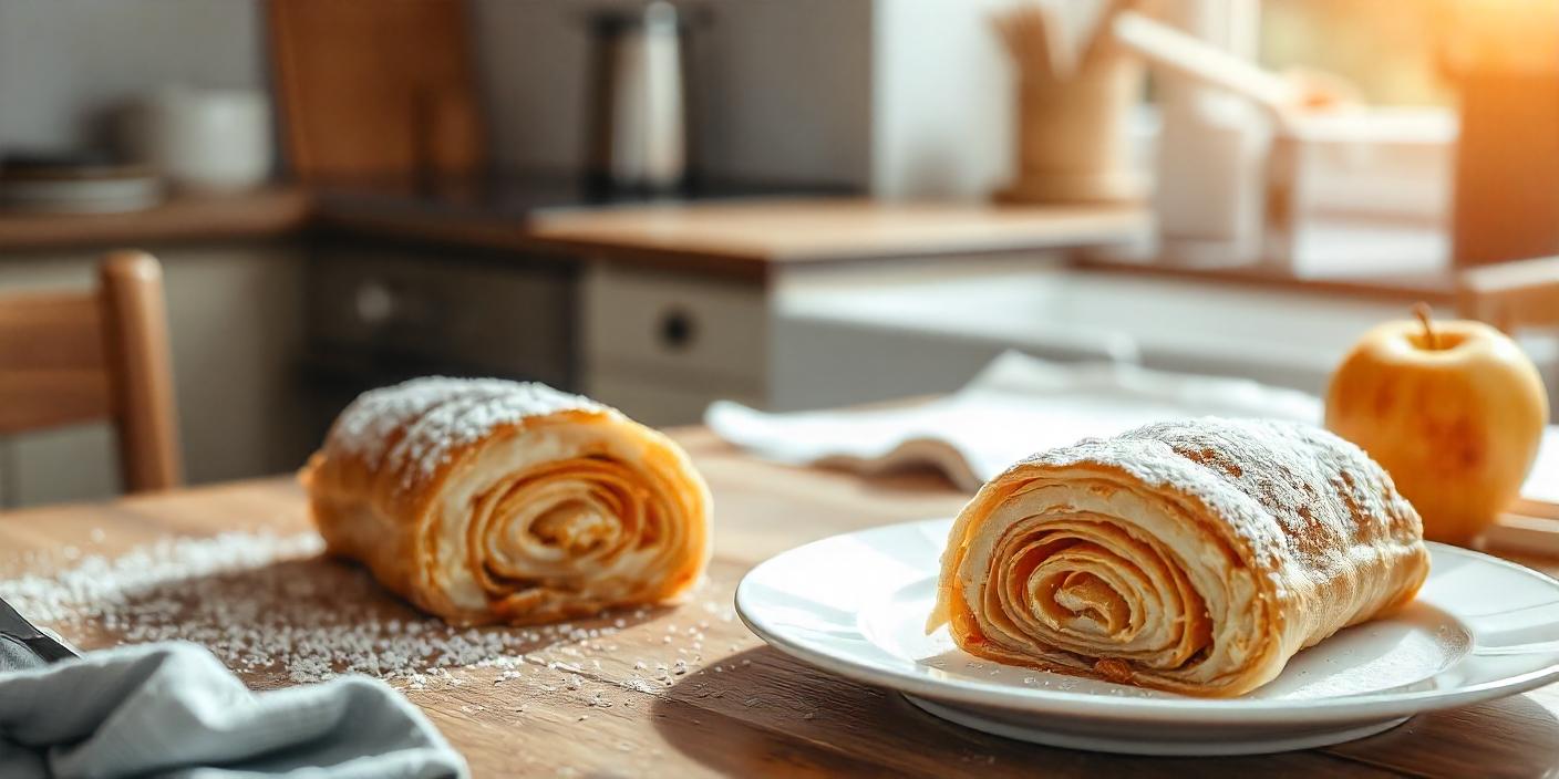 A rustic kitchen scene with rolled dough, eggs, and fresh ingredients on a wooden table.