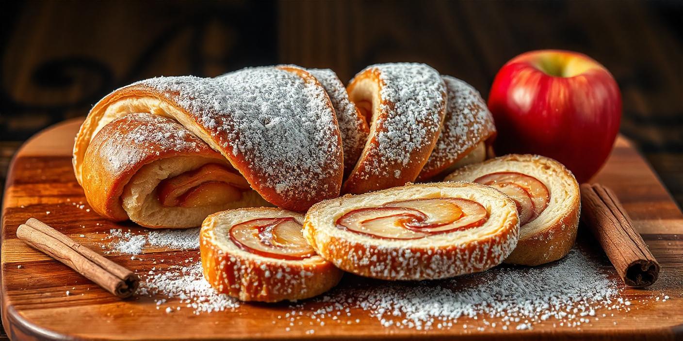 Slices of rolled pastry dusted with powdered sugar, revealing a fruity filling.