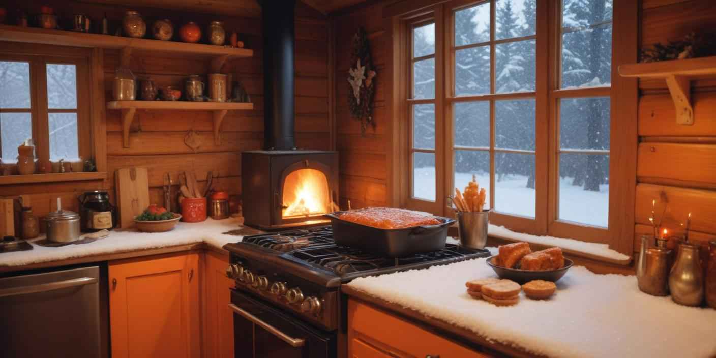 Rustic kitchen setting with a meatloaf baking in the oven while snow falls outside.