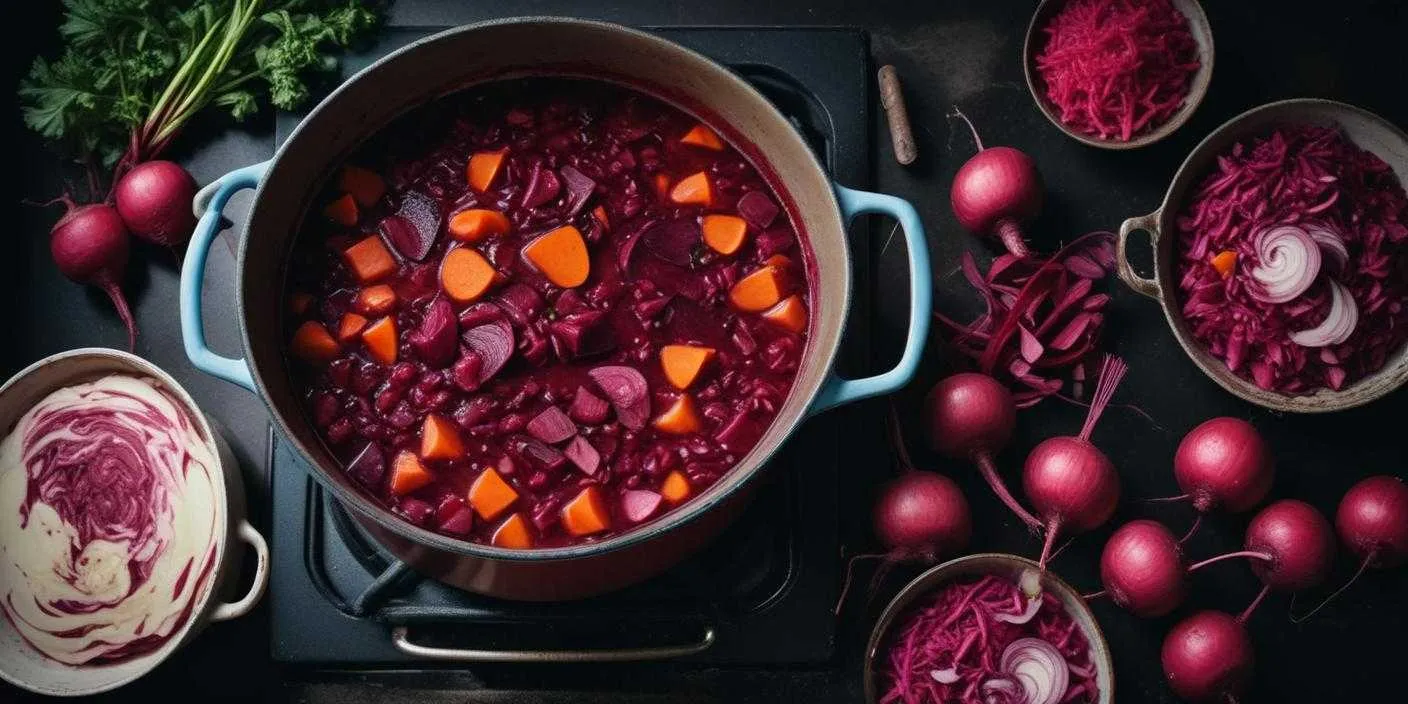 Adding spices and seasonings to balance the borscht’s flavor. BookOfFoods