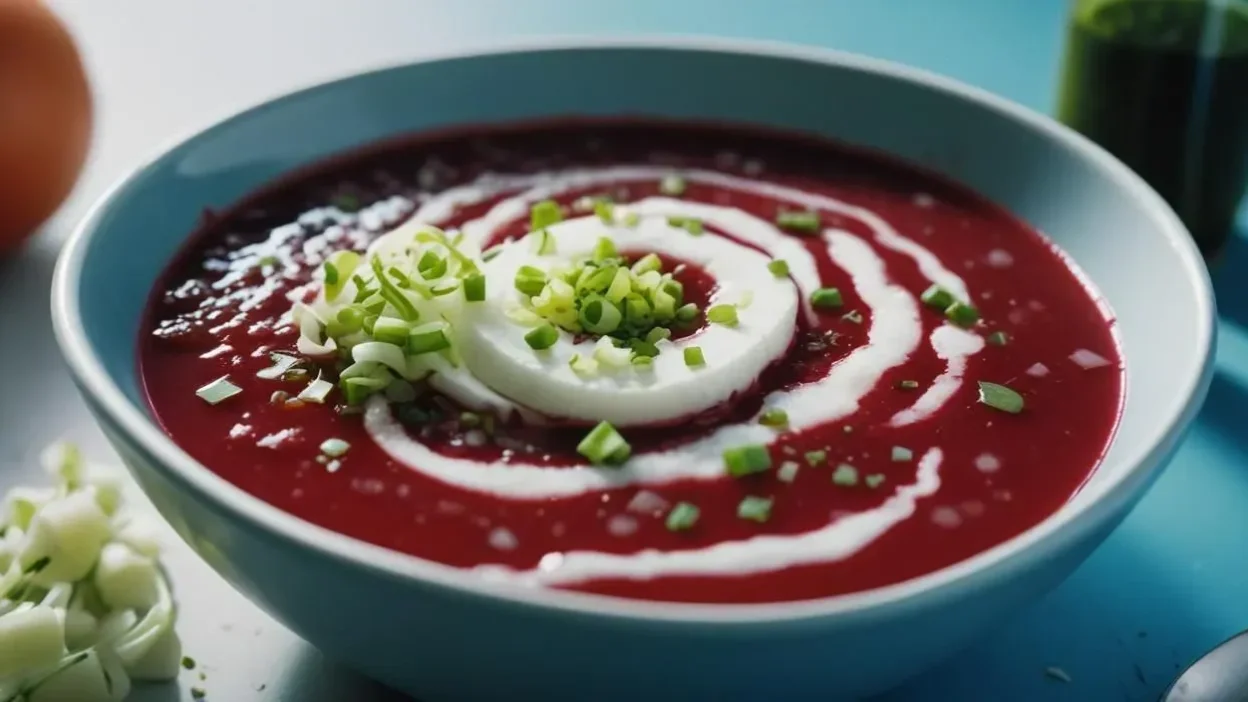A bowl of Polish borscht with deep red beet broth. BookOfFoods