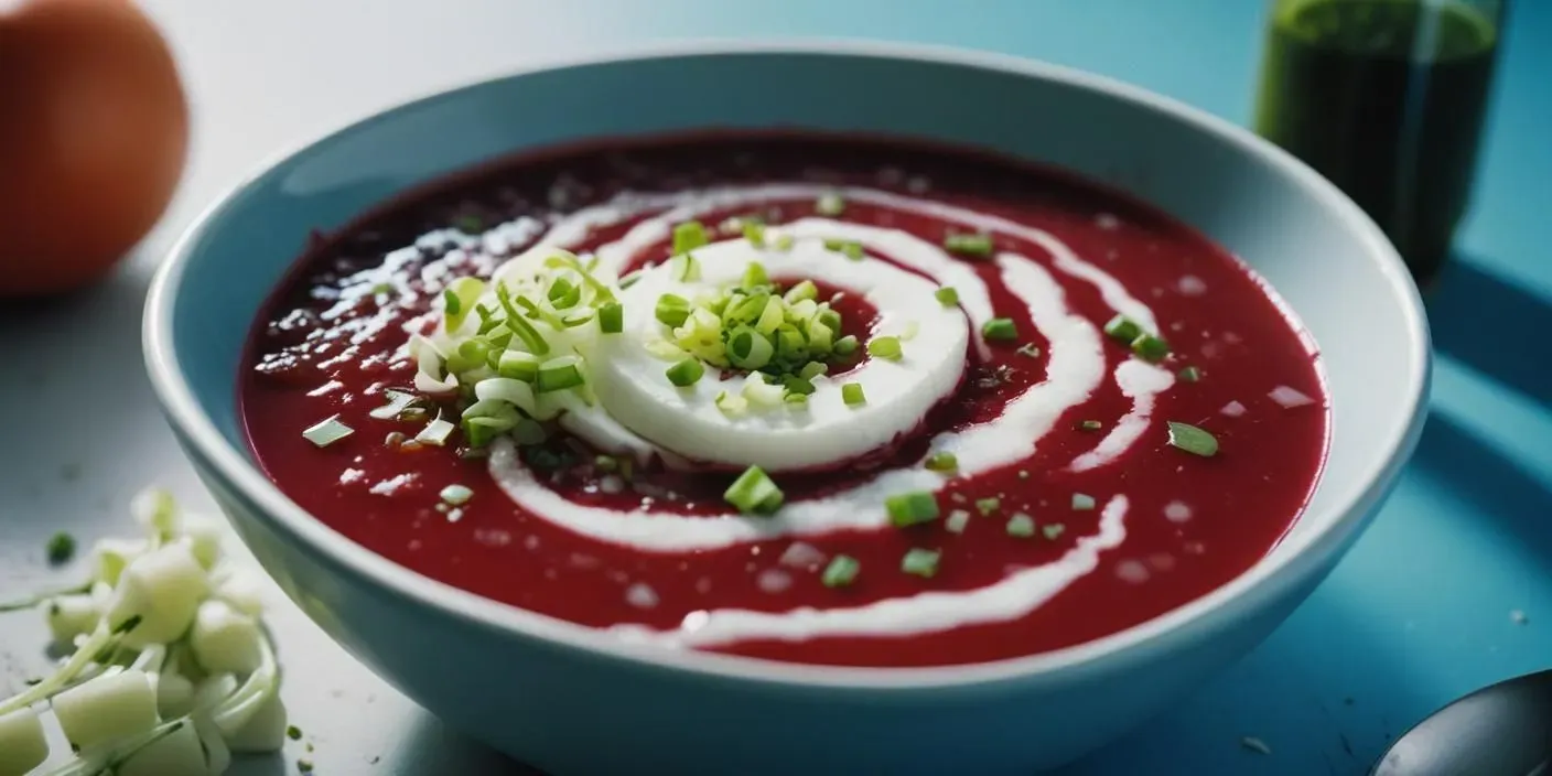 A bowl of Polish borscht with deep red beet broth. BookOfFoods