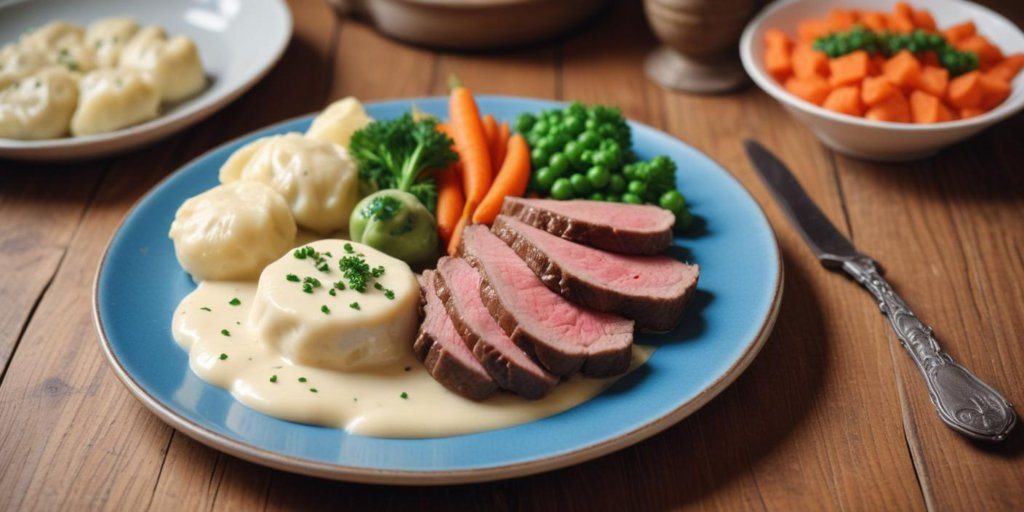 A plate of sliced meat served with boiled potatoes, peas, and a creamy sauce.