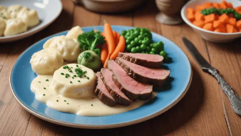 A plate of sliced meat served with boiled potatoes, peas, and a creamy sauce.