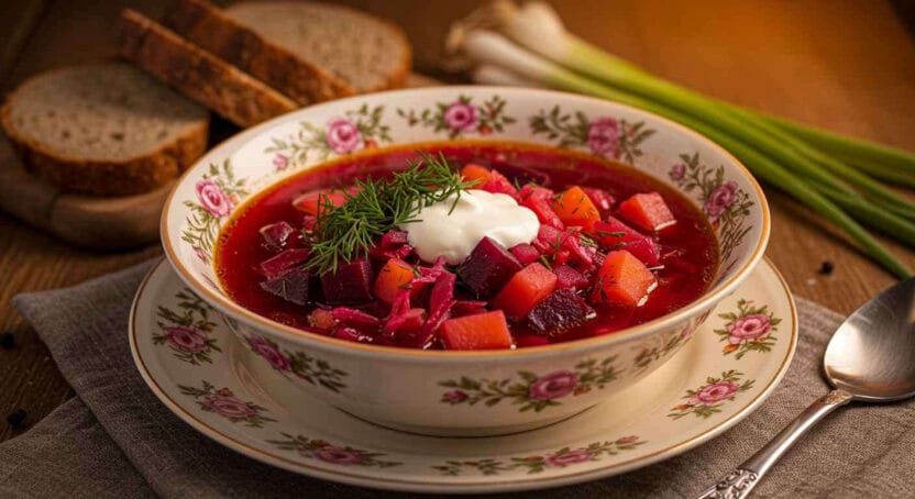 Bowl of borscht soup – A traditional beetroot soup served in a floral-patterned bowl, topped with sour cream and fresh dill, accompanied by bread and green onions.