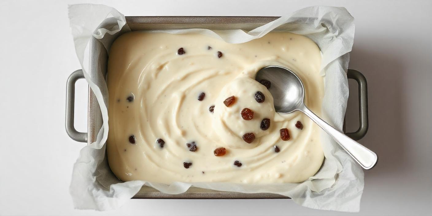 Creamy cake batter mixed with chocolate chips in a baking pan.