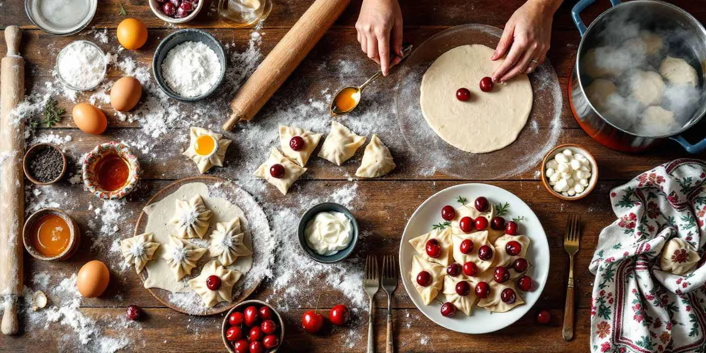 Dough Preparation for Dumplings – A rustic kitchen scene with dough being rolled and filled with cherries.