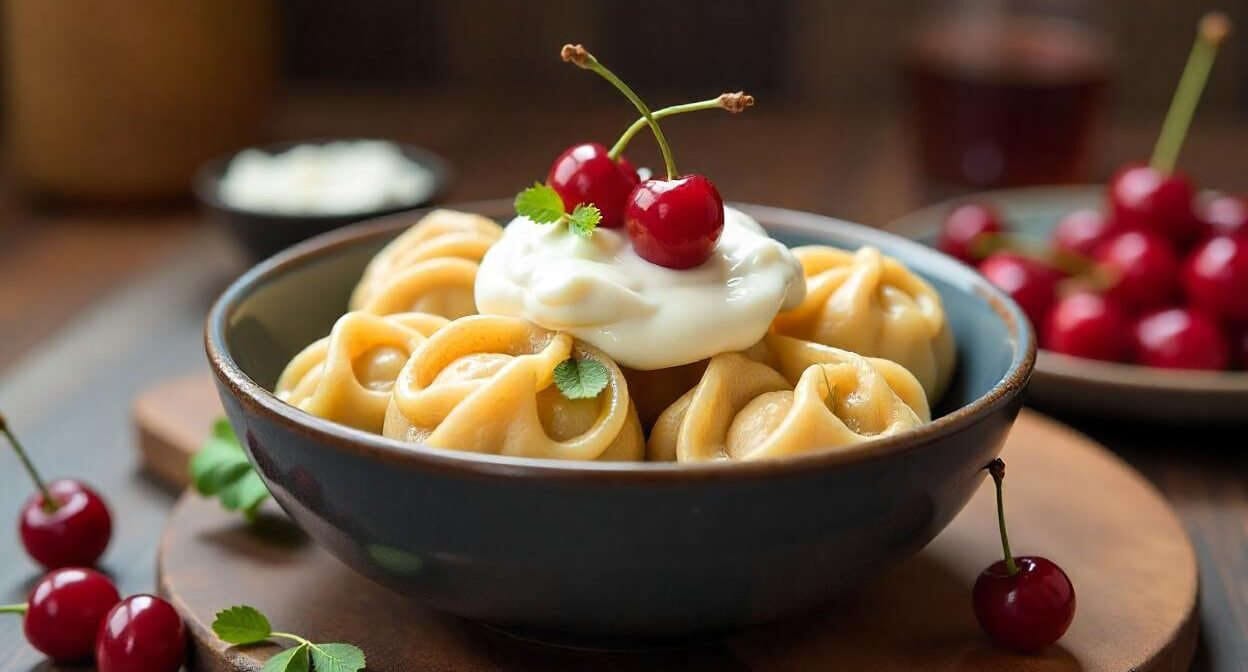 Sweet Dumplings with Sour Cream and Cherries – A dessert dumpling dish topped with sour cream and cherries.