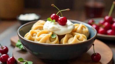 Sweet Dumplings with Sour Cream and Cherries – A dessert dumpling dish topped with sour cream and cherries.