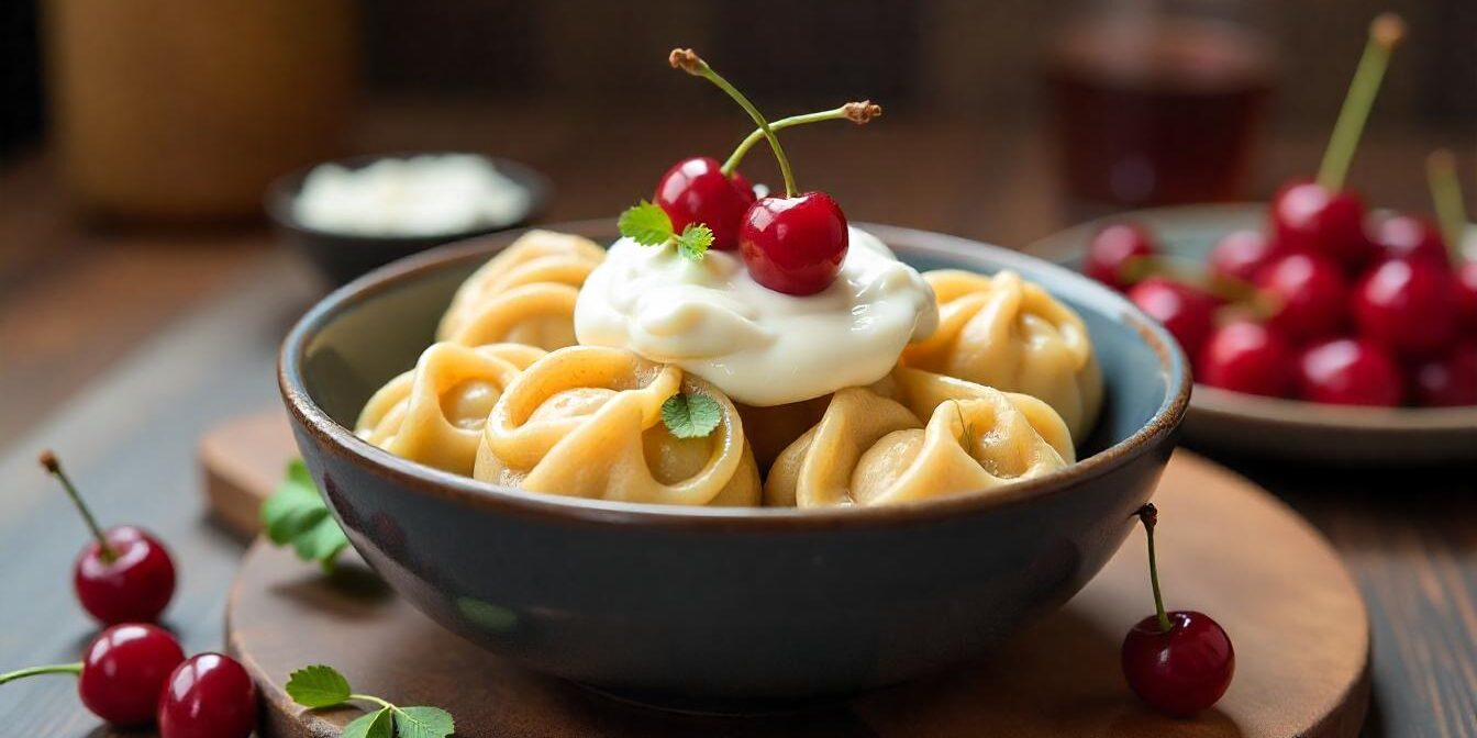 Sweet Dumplings with Sour Cream and Cherries – A dessert dumpling dish topped with sour cream and cherries.