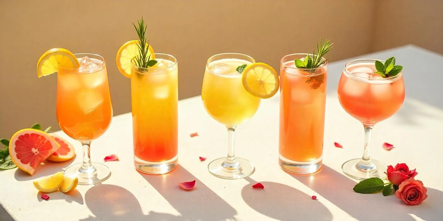 Five cocktails of different colors in tall wine glasses with lemon and ice, decorated with mint and rosemary, on a white surface with rose petals on a light beige background