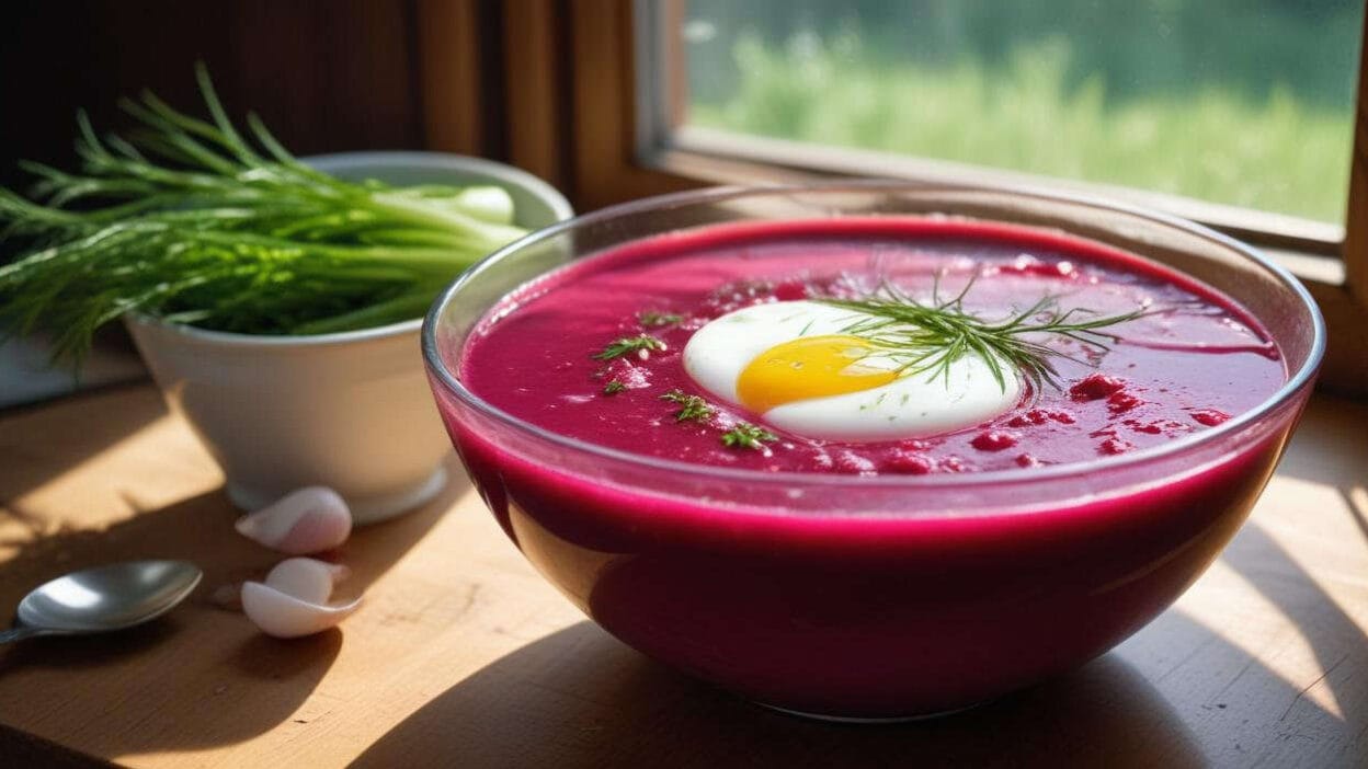Vibrant cold beet soup with a boiled egg and fresh herbs in a pink bowl. BookOfFoods