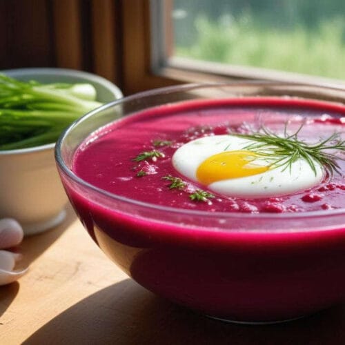 Vibrant cold beet soup with a boiled egg and fresh herbs in a pink bowl. BookOfFoods