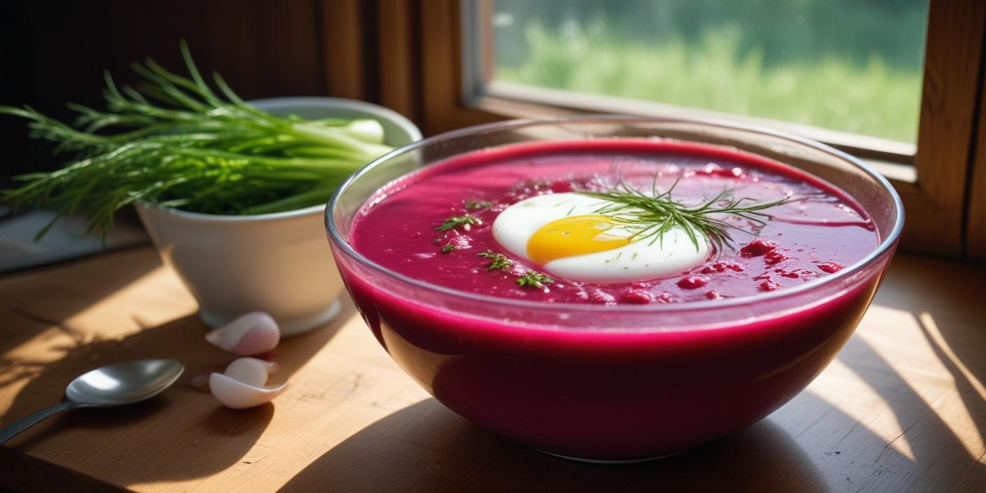 Vibrant cold beet soup with a boiled egg and fresh herbs in a pink bowl. BookOfFoods