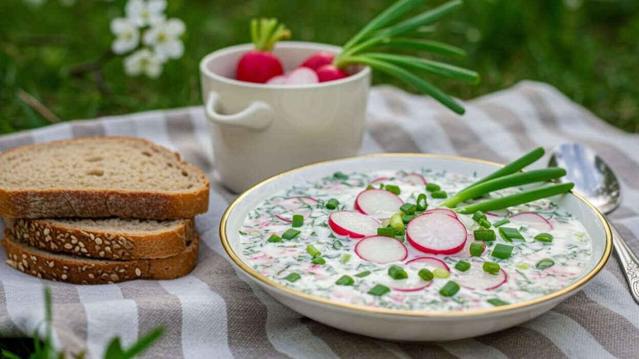 Cold summer soup with radishes, cucumbers, and fresh herbs, served outdoors. BookOfFoods