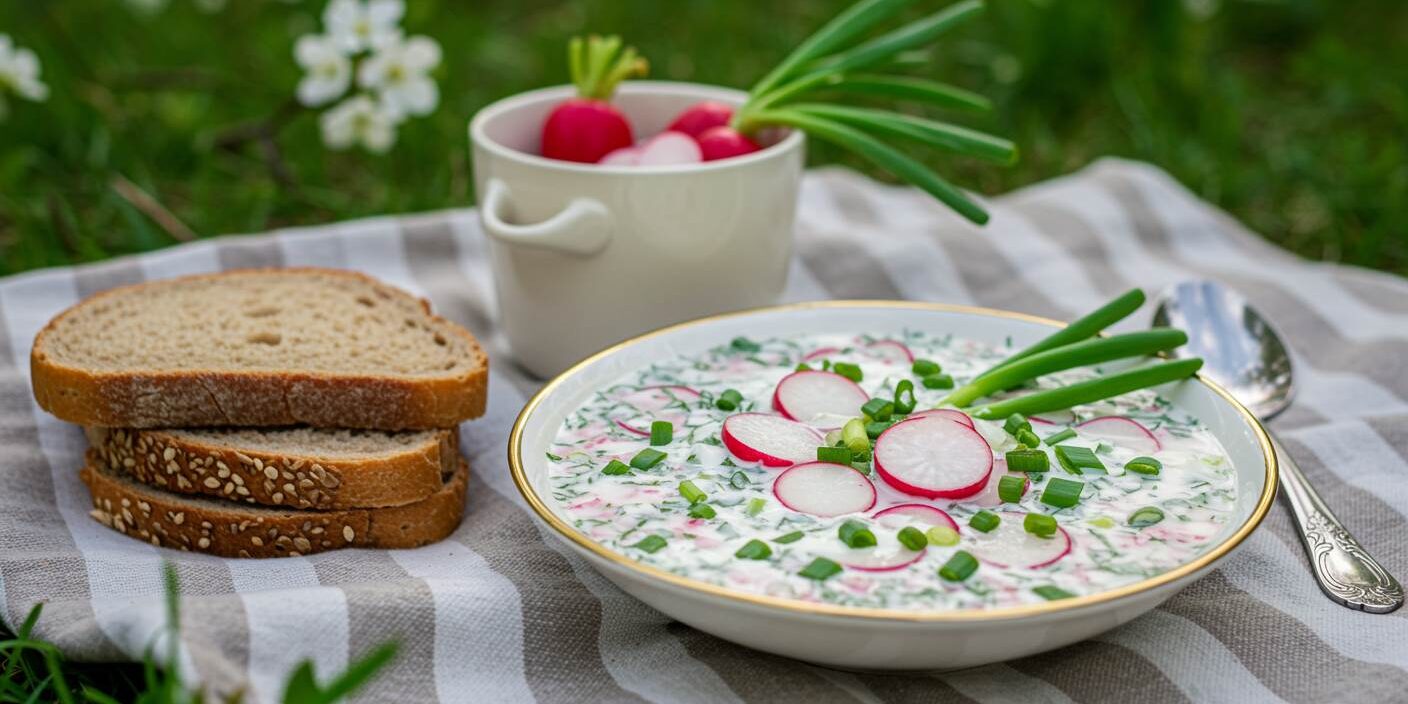 Cold summer soup with radishes, cucumbers, and fresh herbs, served outdoors. BookOfFoods