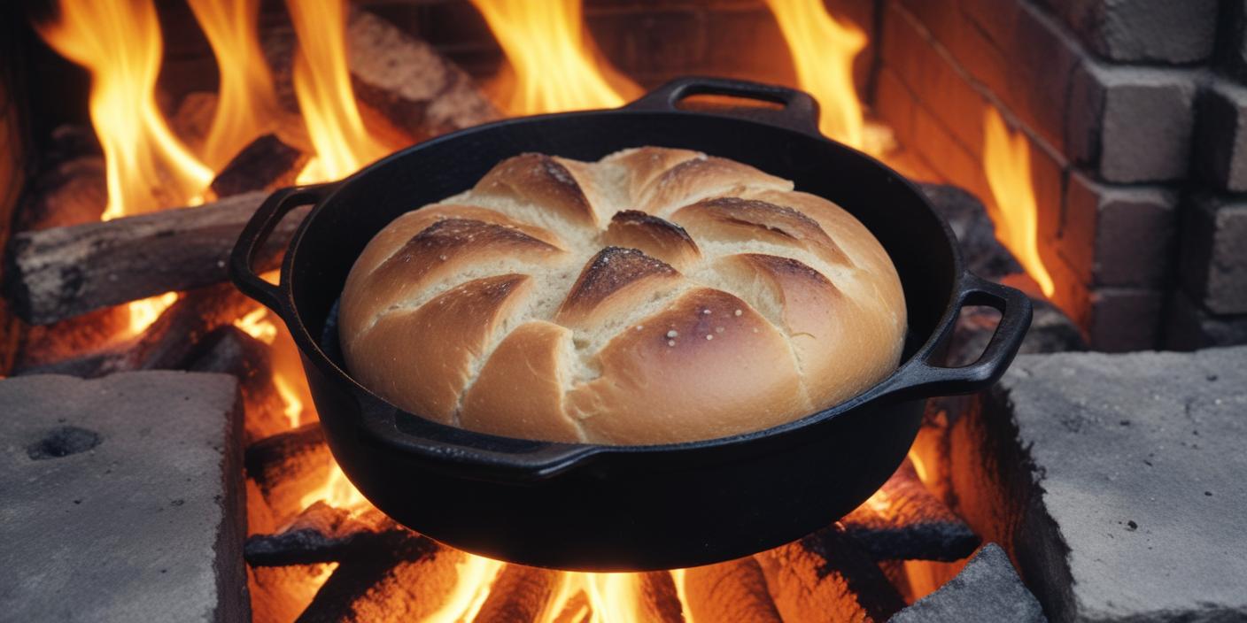 Rustic bread baking in a cast iron pot over fire – A loaf of homemade bread rising inside a black cast iron pot, being baked over an open flame.