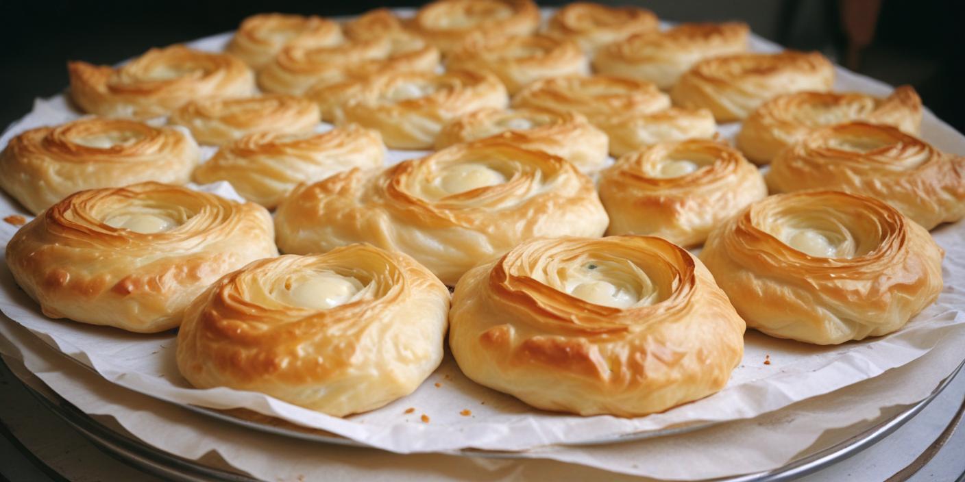 Freshly baked cheese-filled pastry (burek) – A golden, flaky spiral pastry filled with cheese, baked to perfection.