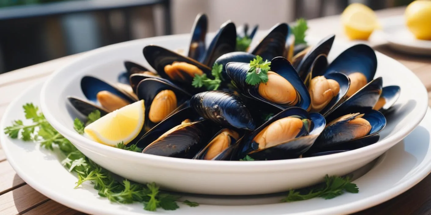 Steamed mussels with parsley and lemon – A bowl of freshly cooked mussels garnished with parsley and lemon wedges, served in a white dish.