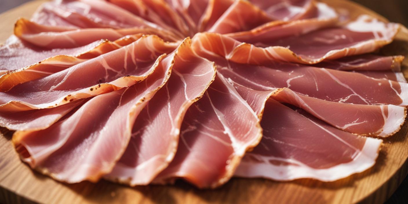 Thinly sliced prosciutto arranged beautifully – A close-up of delicate, thin slices of prosciutto fanned out on a wooden board.