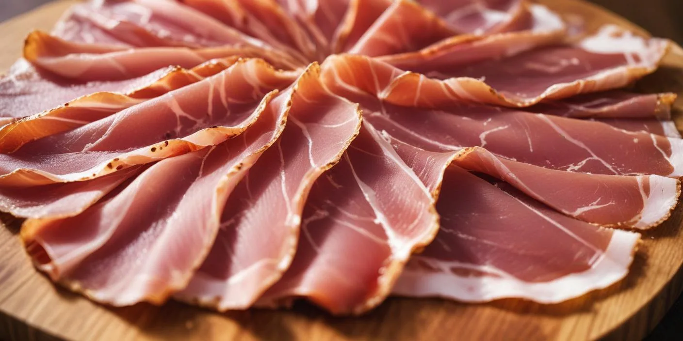 Thinly sliced prosciutto arranged beautifully – A close-up of delicate, thin slices of prosciutto fanned out on a wooden board.