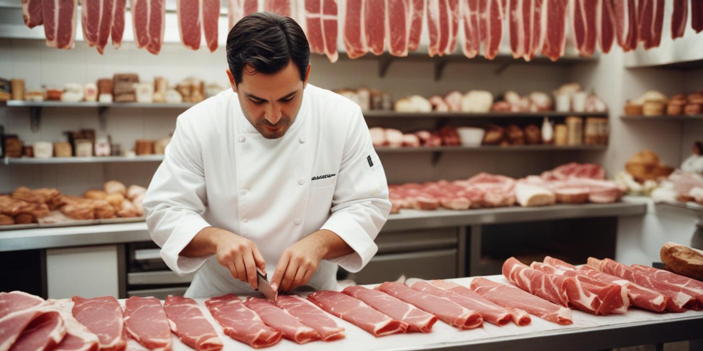 Butcher slicing fresh meat in a shop – A professional butcher carefully preparing fresh cuts of meat in a well-stocked butcher shop.