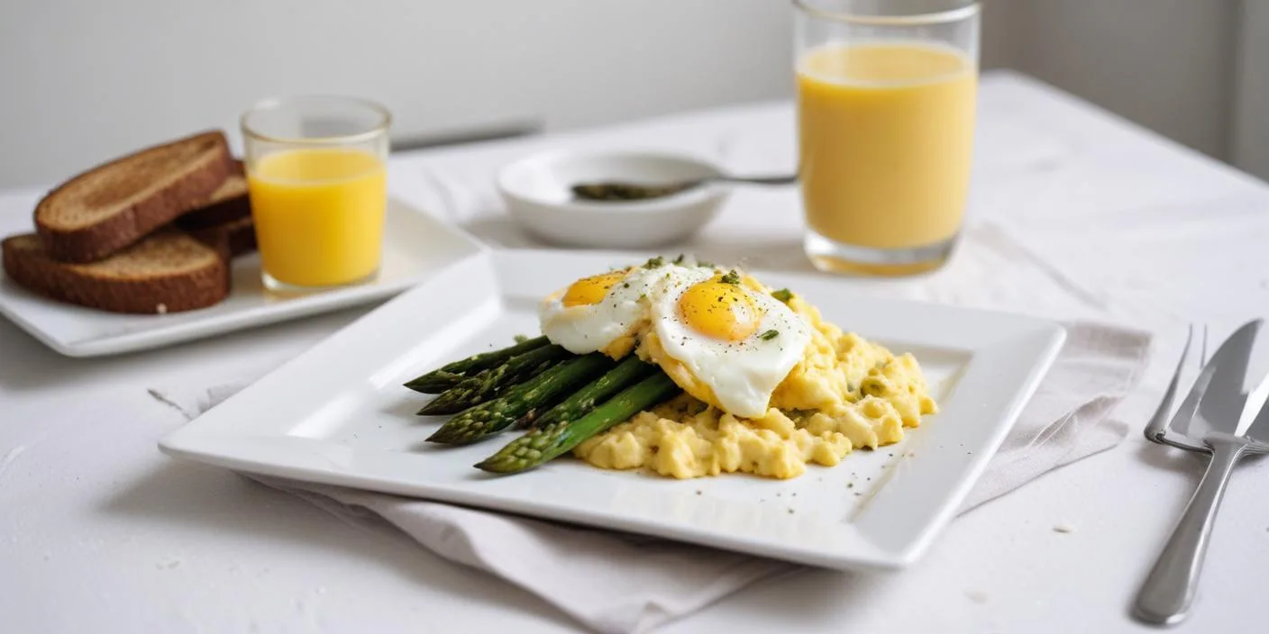 Egg-topped mashed potatoes with asparagus – A gourmet plate of creamy mashed potatoes topped with sunny-side-up eggs, served with asparagus and orange juice.