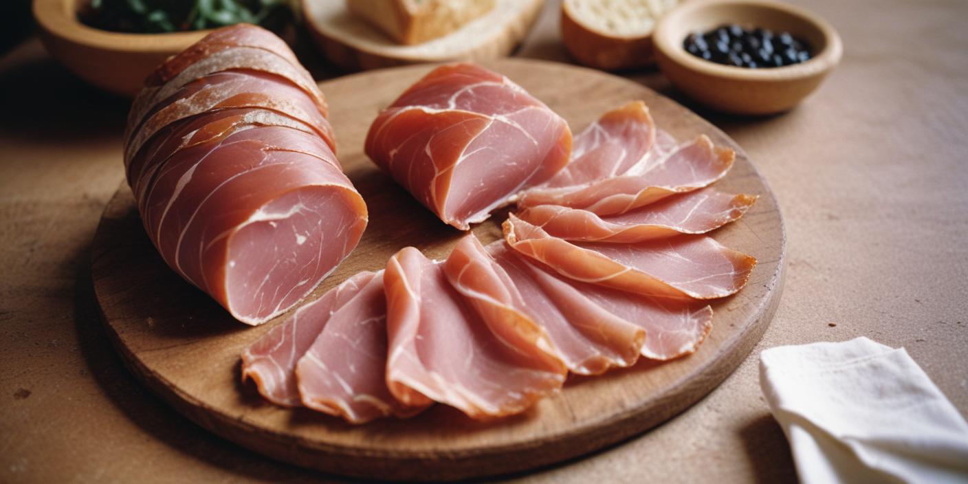 Sliced cured ham on a wooden board – Thinly sliced cured ham arranged in a circular pattern on a rustic wooden serving board.