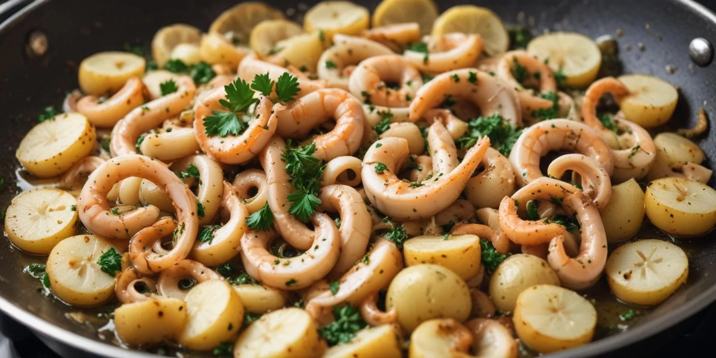 Seafood and potato dish with herbs – A flavorful dish of sautéed shrimp and squid rings mixed with seasoned baby potatoes and fresh parsley.