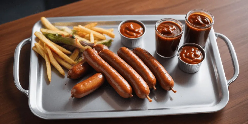 Grilled sausages with dipping sauces – A platter of grilled sausages served with fries and two dipping sauces, including mustard and ketchup.