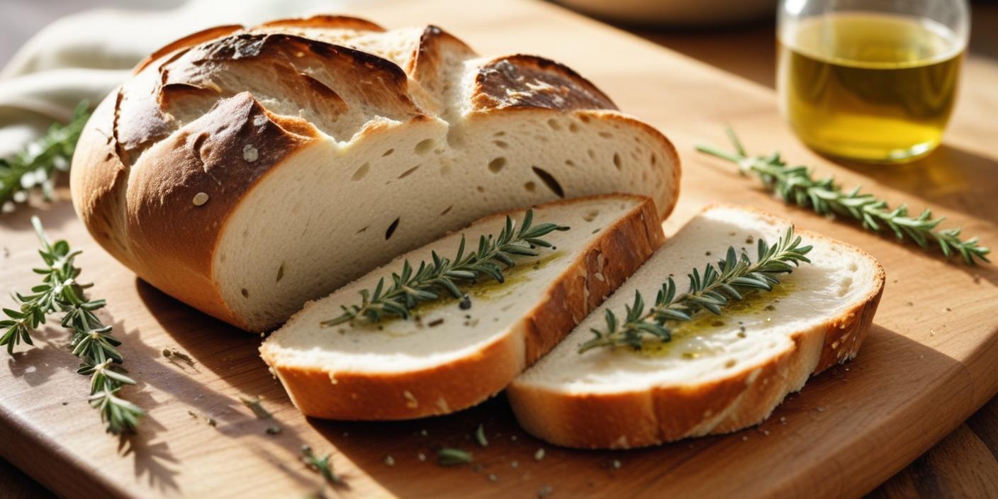 Freshly baked herb bread with rosemary – A loaf of rustic bread infused with rosemary, sliced and served on a wooden cutting board.