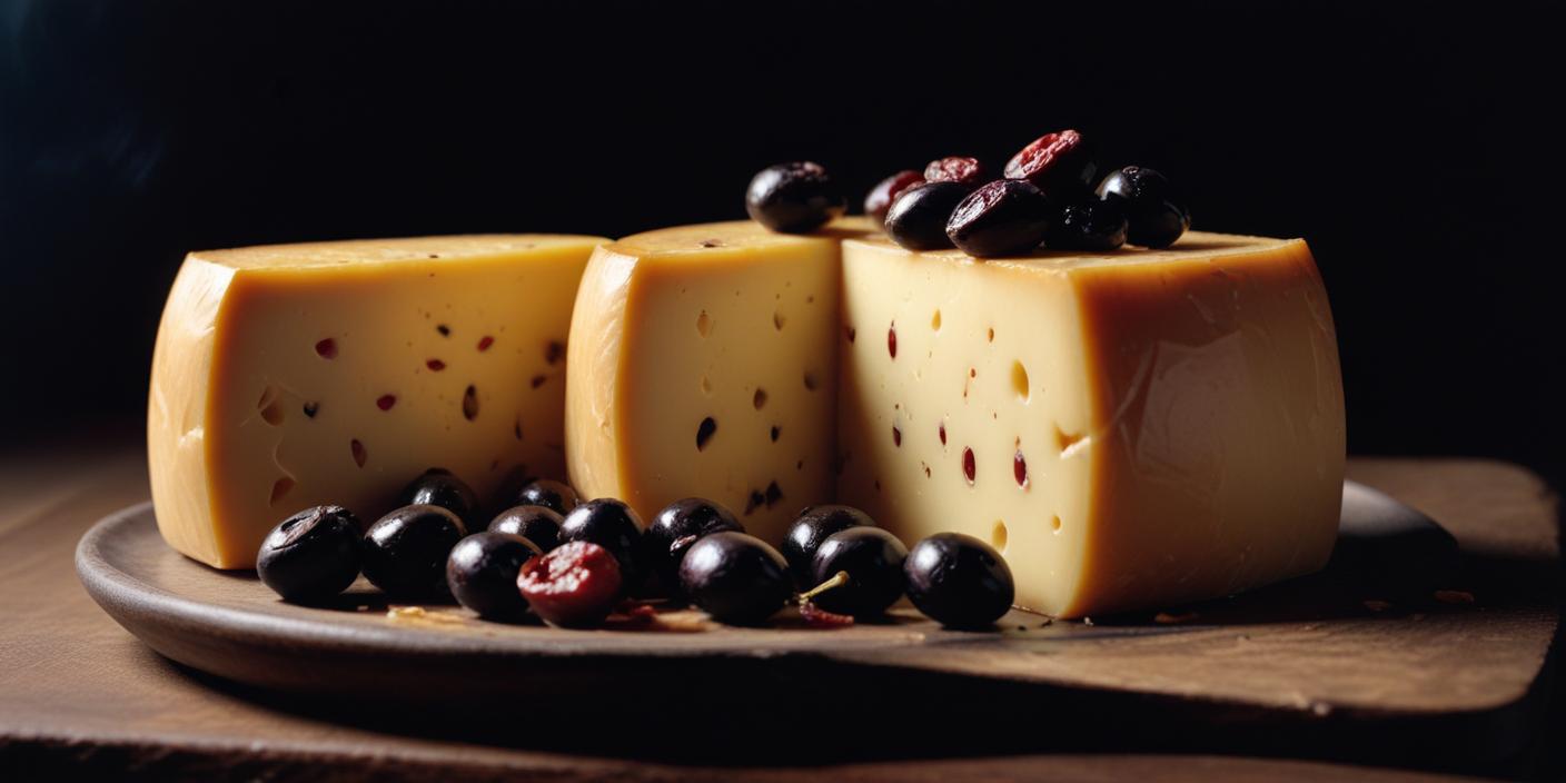 Cheese with grapes and olives – A gourmet selection of semi-hard cheese with embedded spices, served with dark grapes and black olives.