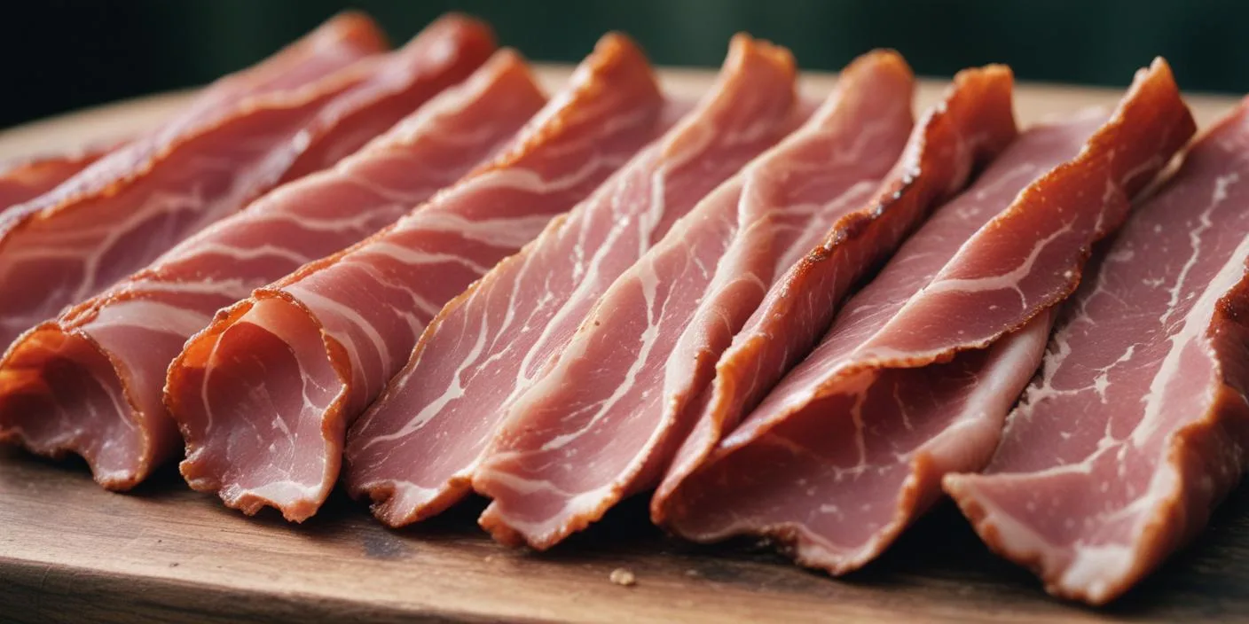 Thinly sliced cured ham on a wooden board – A close-up view of neatly arranged cured ham slices, showcasing their marbled texture.