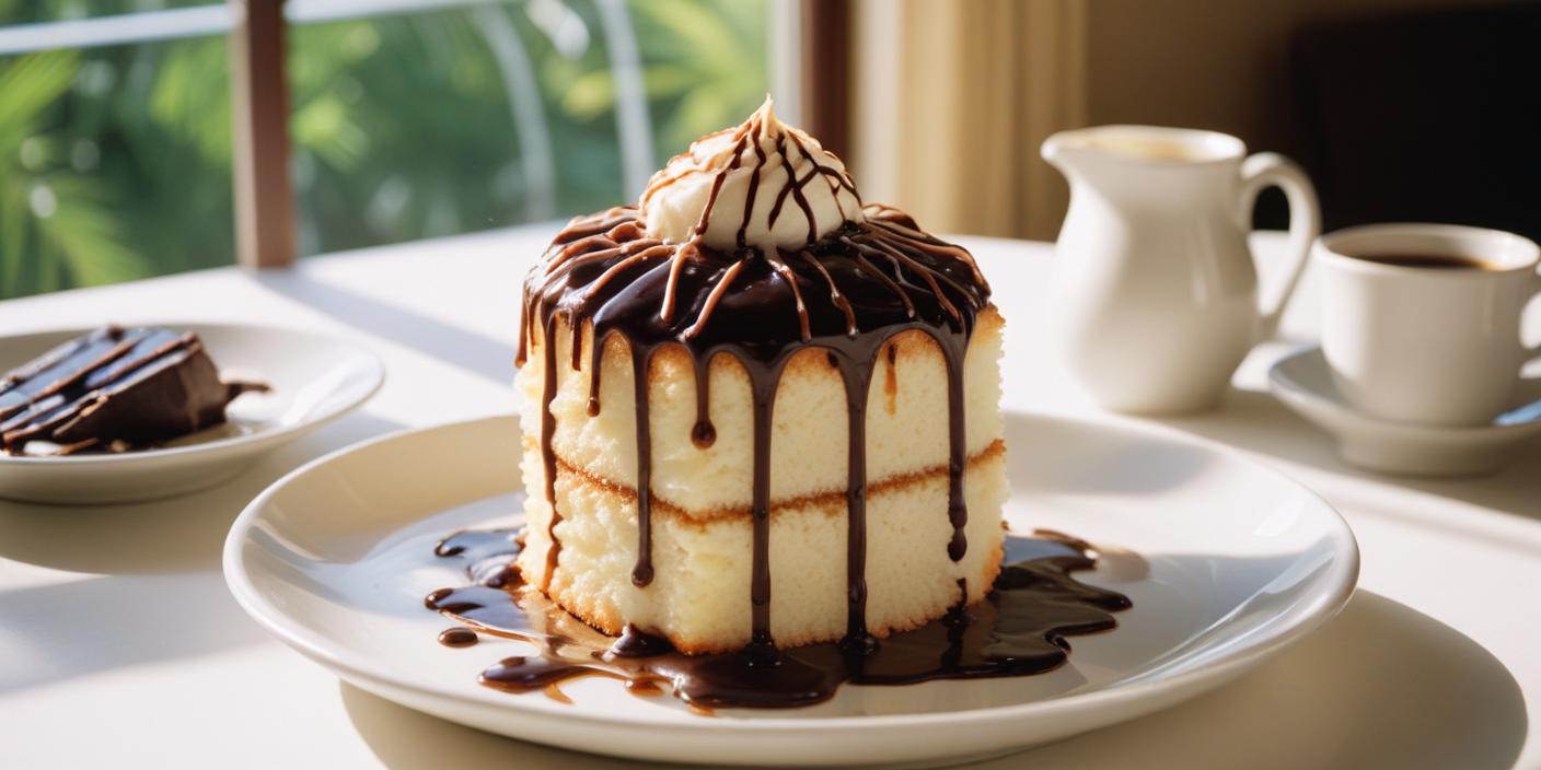 Mini pancake stack drizzled with chocolate – A delicious tower of fluffy pancakes covered in rich chocolate sauce and topped with whipped cream.