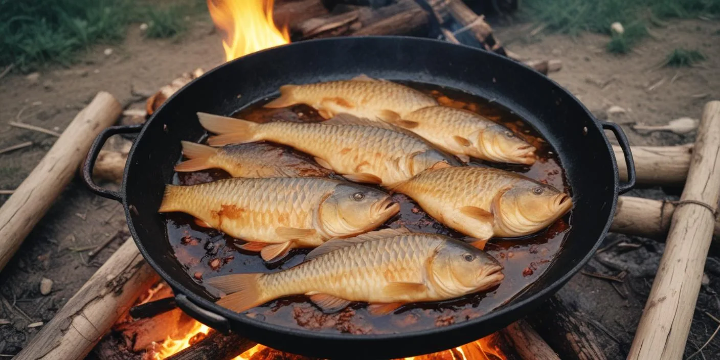 Whole fish frying in a pan over open fire – A rustic outdoor cooking scene with multiple fish being fried in a pan over an open flame.