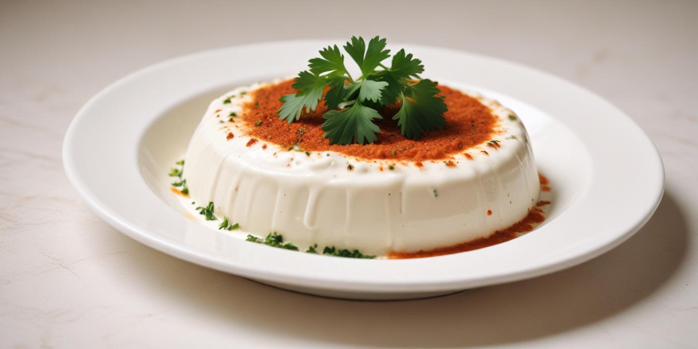 Savory panna cotta with paprika and herbs – A creamy white panna cotta-style dish garnished with paprika and fresh parsley, served on a white plate.