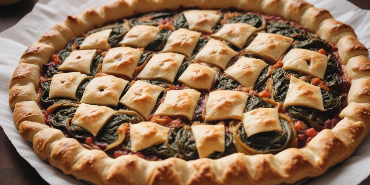 Golden-baked spinach and cheese pie – A savory pie with a flaky, golden-brown crust, filled with spinach and cheese, cut into diamond-shaped portions.