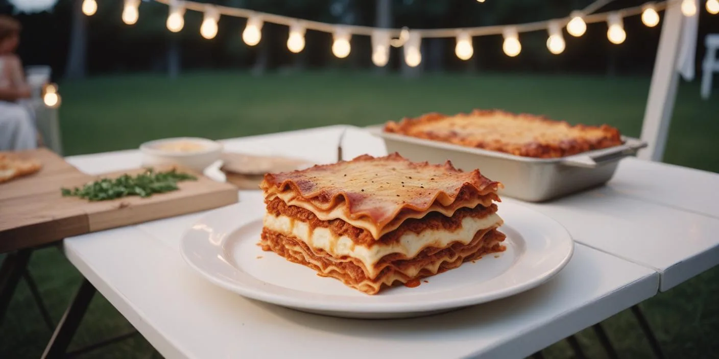 Layered lasagna served outdoors – A beautifully presented lasagna with layers of pasta, sauce, and cheese, set against a background of string lights.