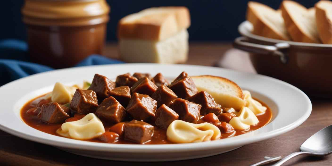 A plate of goulash served with bread and pasta, garnished with fresh herbs.