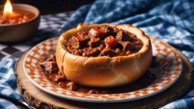 Thick beef stew served inside a bread bowl, garnished with red chili peppers.